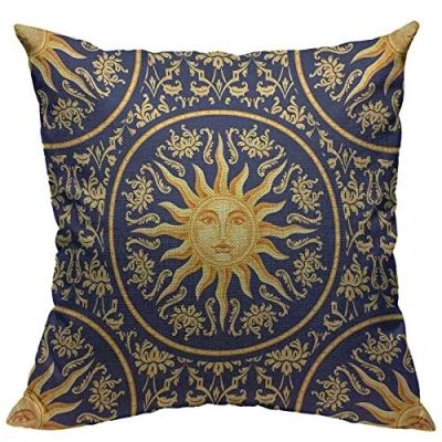 Image of VERSUSWOLF Throw Pillow Covers Vintage Celestial Baroque Blue Gold Sun Face Planet Astronomy Cotton Linen Decorative Square Pillowcases Cushion Cover 18 X Inch