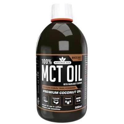 Image of Natures Aid MCT Oil 500ml Hazelnut Add to Coffee Shakes Smoothies or Dressings 100 Percent Premium Coconut Pure Sustainably Sourced Vegan Vegetarian GMP Standards Rapid Absorbed for Energy