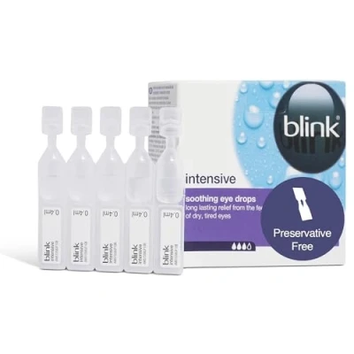 Image of Blink Intensive Soothing Eye Drops, Relief From Dry Eyes Long Lasting Lubricating Drops with Hyaluronic Acid, Suitable for Use Contact Lenses, Refreshing Single Vial 20 x 0.4 ml