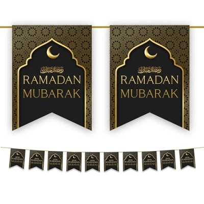 Image of Ramadan Mubarak Bunting Decorations (Black &amp; Gold Design) Ramadhan Kareem Banner Flags Hanging Decor for Home Domes Lanterns Moon Star