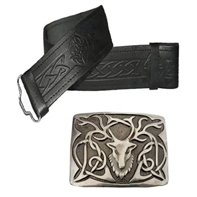 Image of Leather Kilt Belt and Buckle Many Sizes Designs to choose from (Size 36 42 inches, Embossed Black with Antique Small Thistle Buckle)