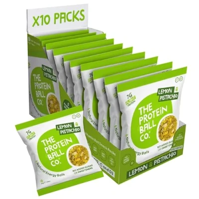 Image of Protein Balls Lemon &amp; Pistachio Flavour by The Ball Co 100% Natural, Plant Based, Vitamin Enriched, Snacks 10 x 45g Bags High Fibre, Gluten Free, No Artificial Sweeteners