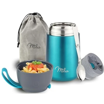 Image of Milu® Thermo Food Flask 300, 440, 450, 650, 800ml Stainless Steel Insulated Container Lunchbox Jar with Spoon for hot and Cold (Green, 650ml)