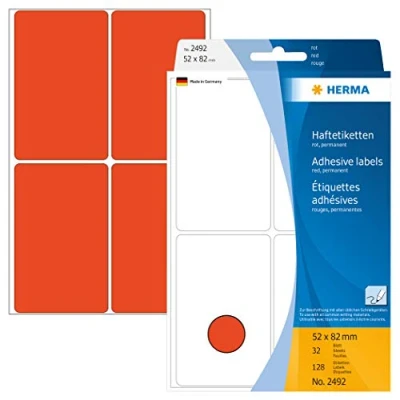 Image of HERMA Multi Purpose Labels, 4 Labels per Sheet, 32 Sheets, 52 x 82 mm, 128 Self Adhesive Large Stickers, Blank Sticky for Office Kitchen Home, Red