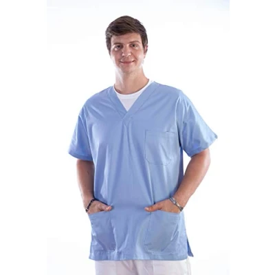 Image of GIMA Jacket, Hospital Scrub Tunic Top, Made of Cotton and Polyester, Light Blue Colour, V Neck, Short Sleeve, Unisex, Size M, for Doctors, Dentist, Vets, Nurses, 21453