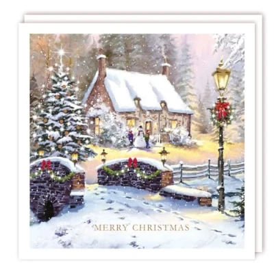 Image of Tracks Publishing Charity Christmas Cards Snowy Forest Cottage and Snowman Eco Friendly Recyclable Pack of 10