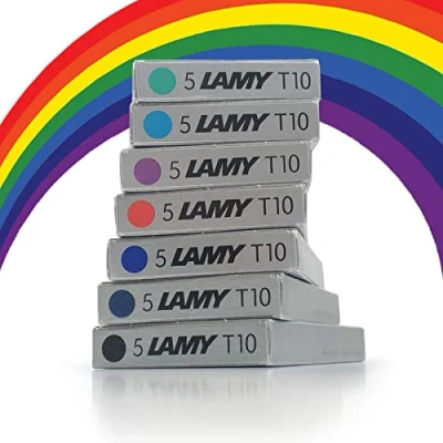 Image of Lamy T10 Assorted Colour Pack Fountain Pen Ink Cartridges Refills Spare For All Fountian Pens (1 Of Each 7 Packs 35 Black, Red, Washable Blue, Green, Purple / Violet, Turquoise &amp; Blue Black)