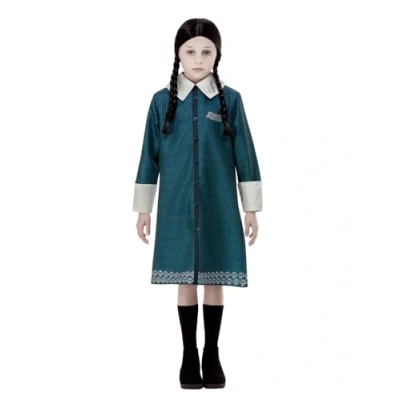 Image of Smiffys The Addams Family Wednesday Costume for Kids, Blue Dress with Skull Pattern and Black Wig, Officially Licensed Costume, Ideal Halloween Parties