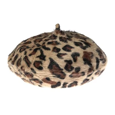 Image of Women Leopard Print Beret Hat Wool French Cap Winter Warm Beanie Hat, B Camel, One Size