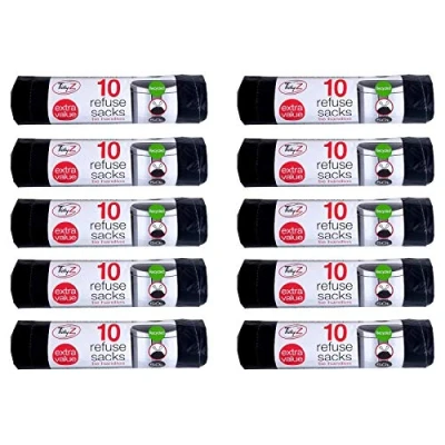 Image of TidyZ 10 x Extra Strong Swing Bin Liners with Tie Handles Refuse Sacks Black 50 Litres 94 120cm (100 Bags)