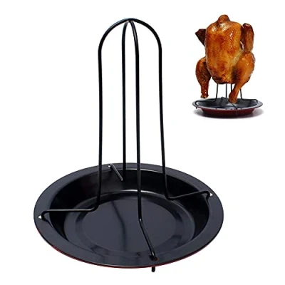 Image of Chicken Roaster Rack, Holder, Vertical Stand, Stainless Steel Roaster, with Drip Pan, for Oven and Barbecue Grilling Cooking