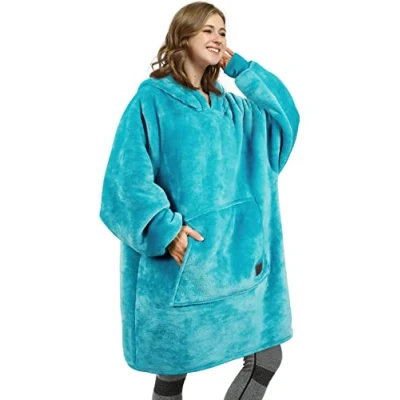 Image of Kato Tirrinia Oversized Hoodie Blanket, Warm Gifts for Women Men, Fluffy Sherpa Wearable Hooded Sweatshirt Giant Hoodies Sweater with Front Pocket Adults Friends, Aque