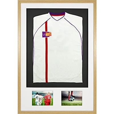 Image of Vivarti DIY Adult 3D Mounted + Double Aperture Sports Shirt Display Frame for Football Shirt, Rugby Band T Shadow Box 61 x 91.5cm Oak Frame, White Mount, Black Backing Card