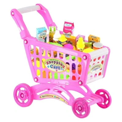 Image of Children Shopping Trolley Cart Play Food Set Kids Pretend Shop Push Along Toy (56 pcs Pink Cart)