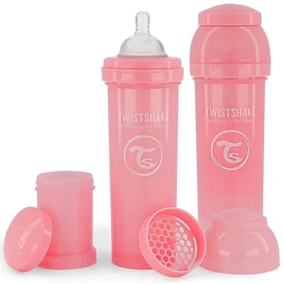 Image of Twistshake Anti Colic Baby Bottle with Milk Powder Container and Mixer 330ml 2 Pack Fast Flow Silicone Breast Like Nipple BPA Free Suitable for 4+ Month Babies Pink