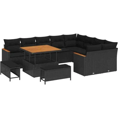 Image of 12 Piece Garden Sofa Set with Cushions Black Poly Rattan Acacia Vidaxl