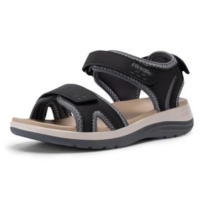 Image of FitVille Womens Wide Fit Sandals Lightweight Casual Fashion Orthopedic Sandal with Arch Support for Flat Feet Plantar Fasciitis, Black Grey, 8.5 UK