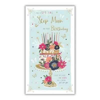 Image of Step Mum Birthday Card Special Floral Cake and Butterflies Finishes Illustrated Insert Leaf Made in the UK Eco Friendly