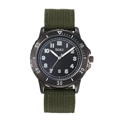 Image of JewelryWe Mens Military Watch Nylon Strap Analog Quartz Calendar Luminous Wristwatch Cool Business Casual Dress Watch, for Fathers Day