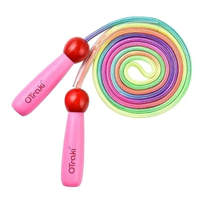 Image of OTraki Rainbow Skipping Rope Kids, 2.5m Adjustable Ropes for Children Wooden Handle Pink Exercise Jump Kid Girls Boys