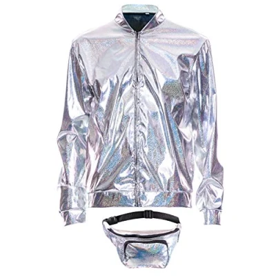 Image of 70s 80s 90s Foil Metallic Shiny RAVE Bomber Jacket Hologram Festival Fancy Dress silver