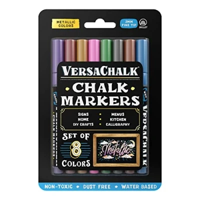 Image of VersaChalk Metallic Liquid Chalk Markers for Blackboards (8 Pack, 3mm, Fine Tip) Erasable Washable Pens Chalkboard Signs, Windows, Glass, Events, Schools, Office Supplies, and Business