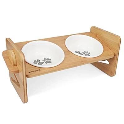 Image of Navaris Adjustable Dog Bowl Station Raised Bamboo Stand with Twin Ceramic Bowls for Feeding Small, Medium Dogs, Cats, Pets Elevated Food