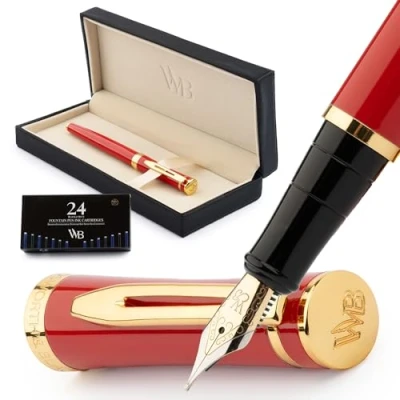 Image of Wordsworth &amp; Black Fountain Pen Set, Medium Nib, Includes 24 Ink Cartridges and Refill Converter, Gift Case, Journaling, Calligraphy, Smooth Writing Pens [Red], Perfect for Men Women