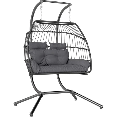 Image of Outsunny Rattan Double Hanging Egg Chair with Stand, Foldable Wicker Swing Cushion, Head Pillows, Steel Frame, Hammock for Indoor Outdoor, Capacity 260 kg, Dark Grey