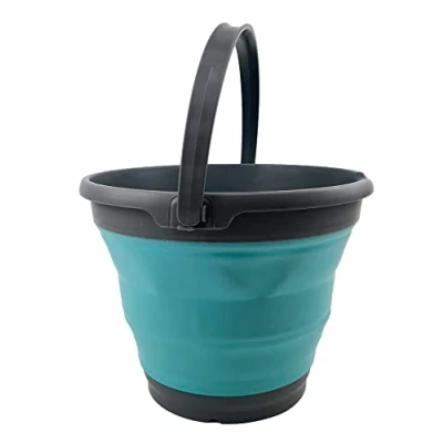 Image of SAMMART 10L Collapsible Plastic Bucket Foldable Round Tub Portable Fishing Water Pail Space Saving Outdoor Waterpot. Size 31cm Dia (Grey/Crystal Blue)