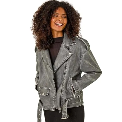 Image of Dusk Womens Oversized Belt Biker Jacket Grey Size 14 UK