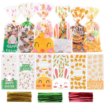 Image of VEYLIN Easter Cellophane Bags,120 Pieces Candy Cookie Bags with Twist Ties for Party Supply（6 Style）