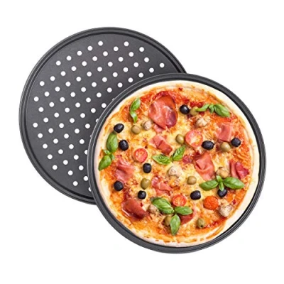 Image of Relaxdays Pizza Tray, Set of 2, Round, with Holes, Nonstick, Tarte Flambée, Carbon Steel, Dough ∅ 32 cm, Grey