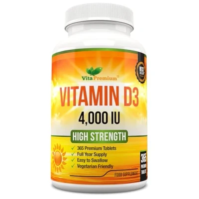 Image of Vitamin D 4,000 IU Tablets, Maximum Strength D3 Supplement, 365 Easy to Swallow Tablets Full Year Supply