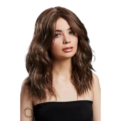 Image of Smiffys Fever Ashley Wig, Two Toned Blend, Brown Wavy Long Layered, Centre Parting, 48cm/ 19in, Wigs Fancy Dress, Dress Up
