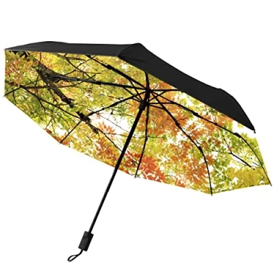 Image of GISPOG Automatic Folding Umbrella, Autumn Leaves Maple Waterproof Compact Sun and Rain Travel Umbrellas