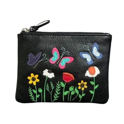 Image of Butterflies &amp; Flowers Card and Coin Purse Mala Leather Sophia Collection (Black), 4215but