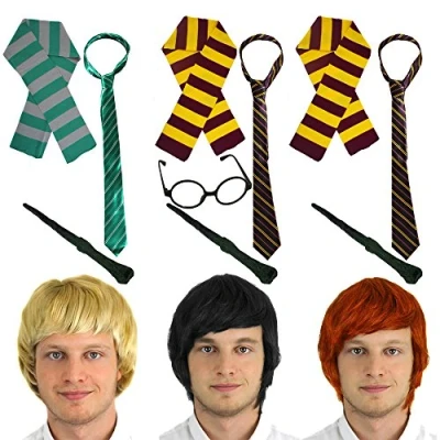 Image of ADULTS SCHOOLBOY WIZARD ACCESSORY SET WITH BLACK WIG + MAROON AND GOLD TIE ROUND GLASSES BRANCH WAND MAROON/GOLD SCARF PERFECT FOR SCHOOL BOOK WEEK WORLD DAY OR ANY FANCY DRESS PARTY