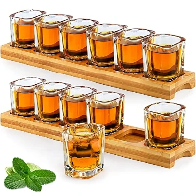 Image of Shot Glasses Set Bulk 60ml/2oz Cocktail Holder 2 Packs and 12pcs Drinks Serving Board Organizer Clear Crystal Glass for Liquor Shots Whisky Brandy Vodka Rum Home Party Bar