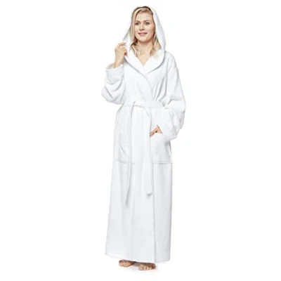 Image of Arus Women&#039;s bathrobe with hood, full length, 100% cotton terry, women`s size: M long, unisex S White