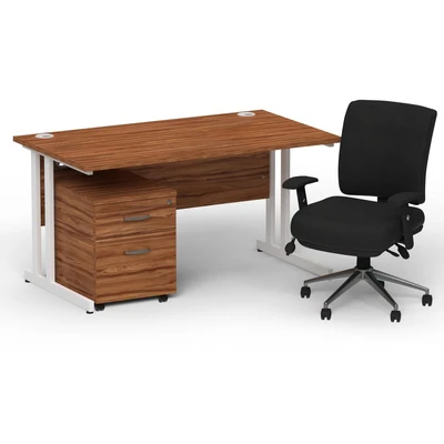 Image of Impulse 1400 White Cant Desk Walnut + 2 Dr Mobile Ped &amp; Chiro Black