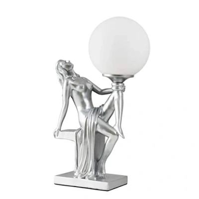 Image of MiniSun Matt Silver Art Deco Table Lamp with a White Opal Glass Globe Shade Complete 4w LED Golfball Bulb [3000K Warm White]