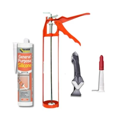Image of White Silicone Sealant Anti Mould Bundle Everbuild General Purpose Waterproof 280ml, Skeleton Caulking Gun, Finishing Tool and Nozzle Cap