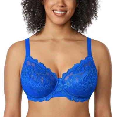 Image of Delimira Women&#039;s Full Coverage Non Foam Floral Lace Plus Size Underwired Bra Sparkle Blue 36G