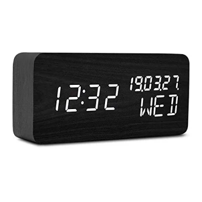 Image of Raercodia Wooden Digital Alarm Clock Decorative Modern LED Desk Display Time Date Week Temperature Sound Control Brightness Adjustable (Black,White)