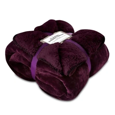 Image of VELVETIO Large Flannel Fleece Throw for Sofa Bed, Fluffy Double Sided Reversible Sherpa Warm Blanket, Lightweight Ultra Soft Thick Travel Throws, 150 x 200cm, Aubergine