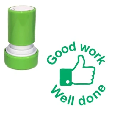 Image of Good Work, Well Done (Thumbs Up) Self Inking Teacher Stamper. 22mm. Reinkable. Green Ink