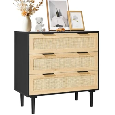 Image of VEVOR 3 Drawer Rattan Dresser, Natural Closet Dresser with Drawers, Modern Wood Chest Clothing Organizer &amp; Storage Boho Sturdy Handles Legs, for Bedroom, Living Room Hallway