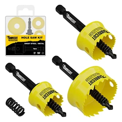 Image of 3 x SabreCut HSMK3A 20mm 25mm 32mm High Performance Thin Wall Sheet Steel Hole Saw Kits Feature Body and HSS M42 Cobalt Arbour with Progressive Tooth Profile for Wood, Plastic
