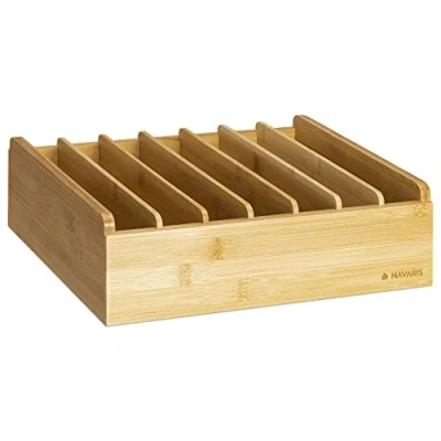 Image of Navaris Bamboo Kitchen Organiser Storage Box for Food Container Lids Rack Tray with 6 Adjustable Dividers Drawer Shelf Cupboard or Counter Top